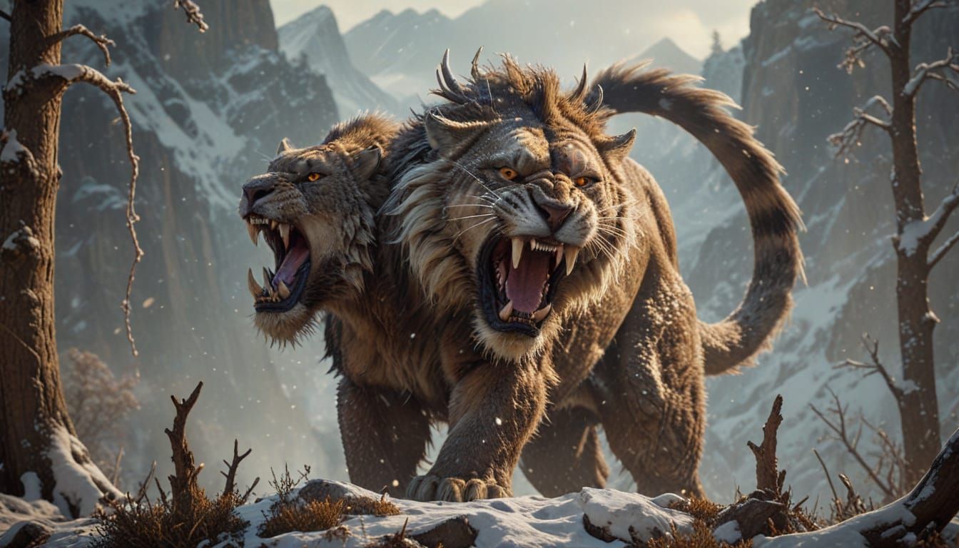 Fierce Smilodon Snarls Atop Snowy Mountain in Film Still