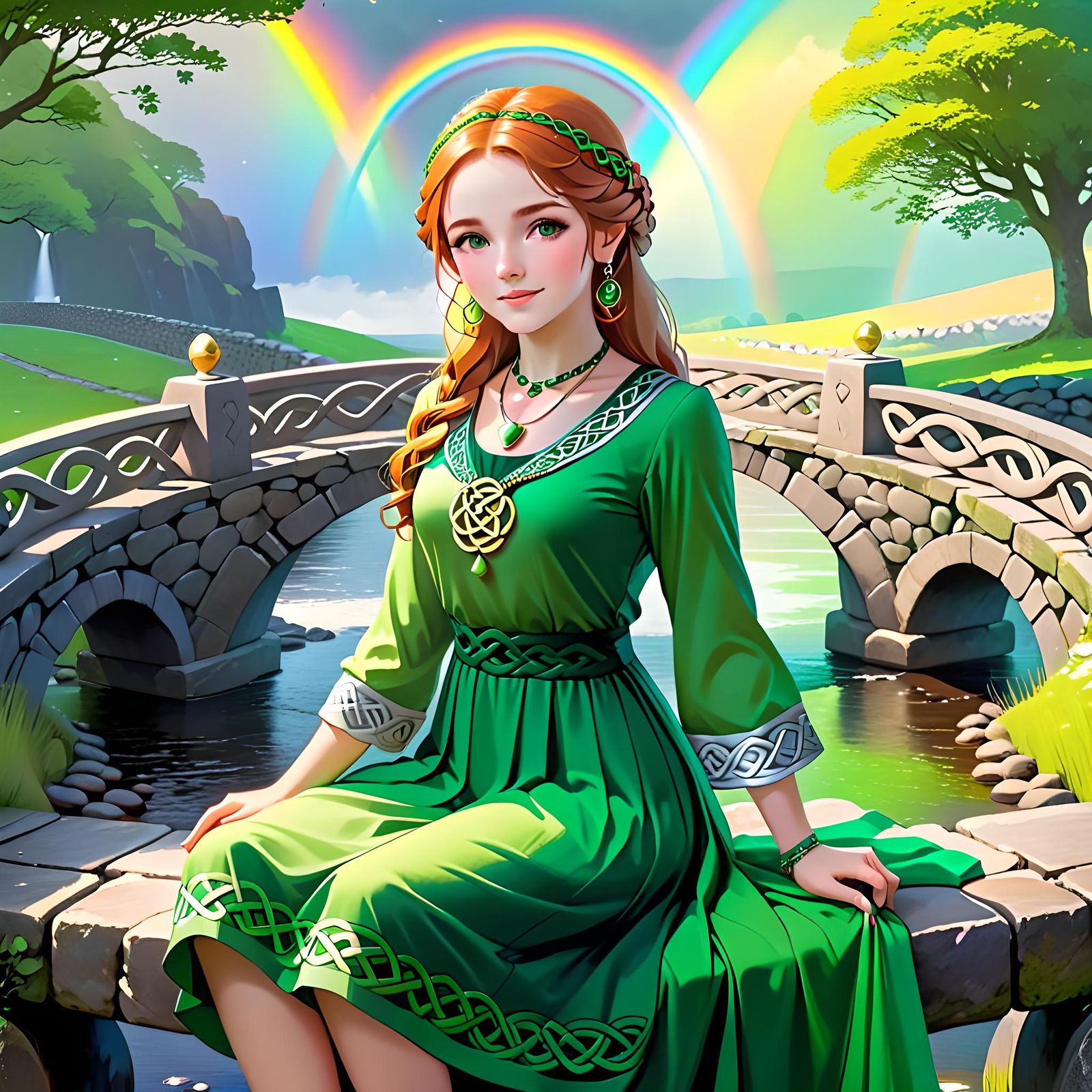 Irish Woman on Bridge with Rainbow