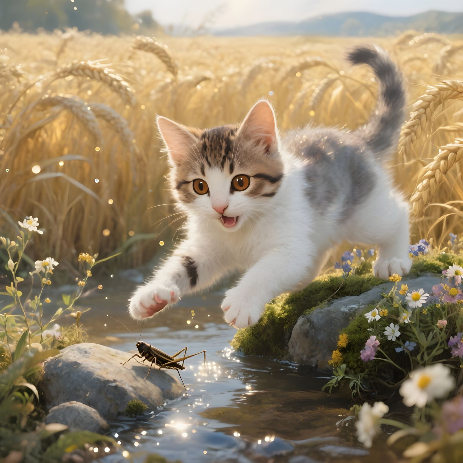 Kitten Pounces on Cricket in Sunlit Meadow