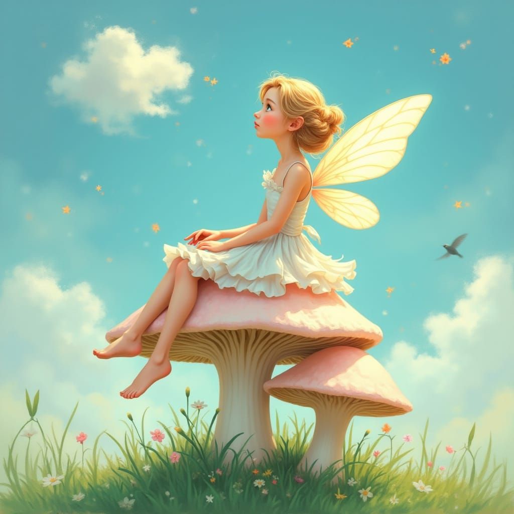Whimsical Fairy Sits Serenely on Mushroom Amidst Lush Greene...