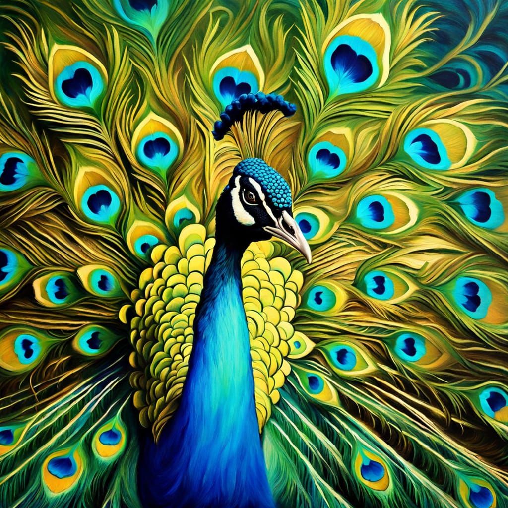 Peacock Spreads Tail in Surrealist Oil Painting