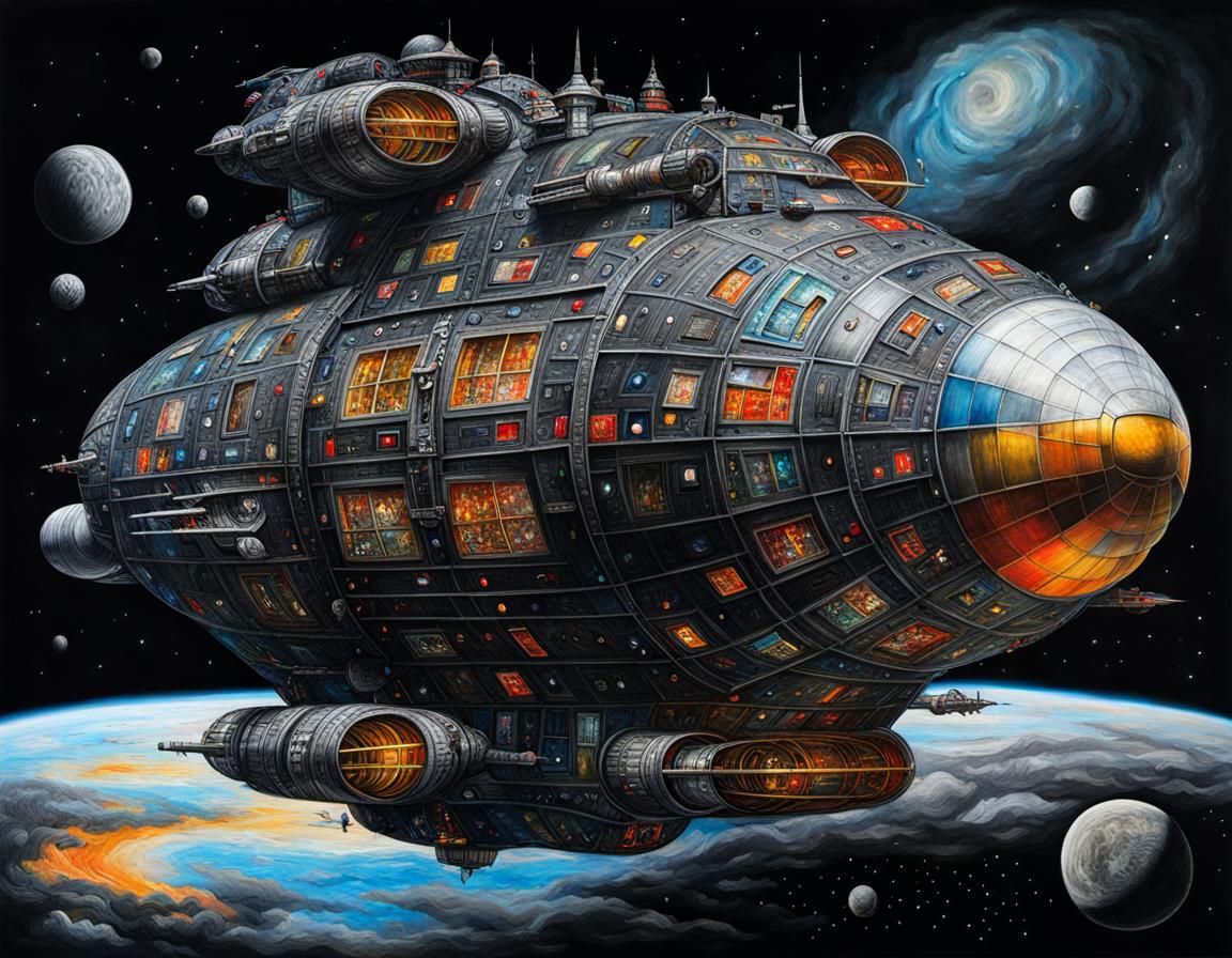 Retro Sci-Fi Spaceship in Black Space, Geometric Art