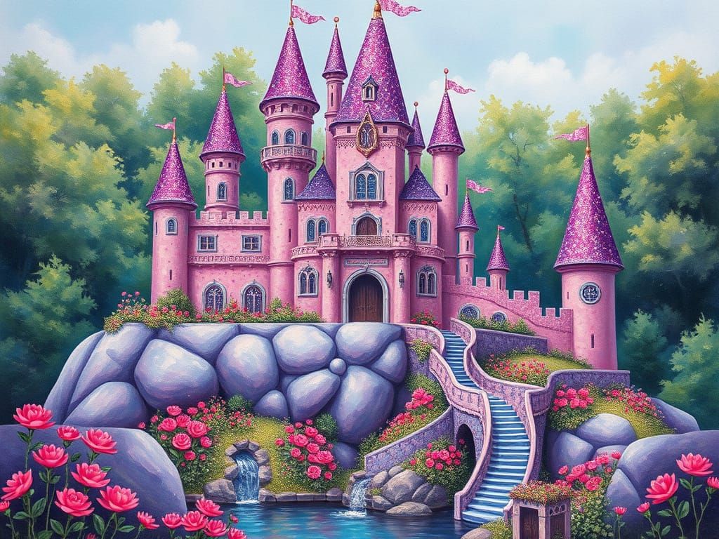 Fantasy Candyland Castle with Glitter in Gouache Painting St...