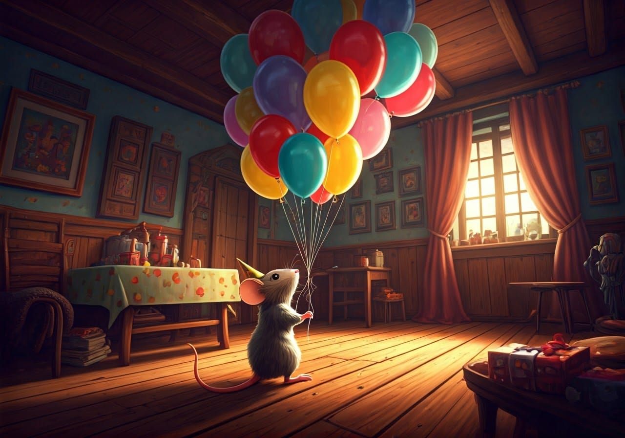 Mouse in Party Hat Watches Balloons, Hyperrealistic Art
