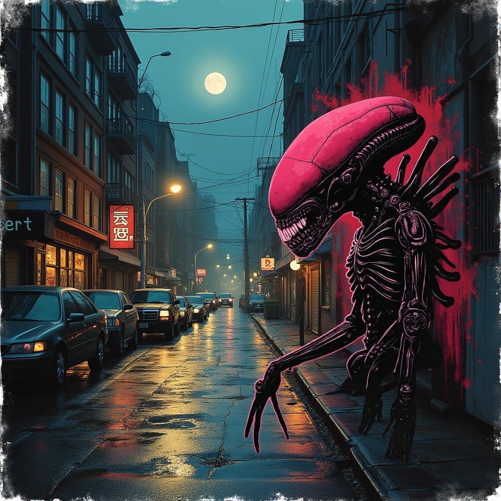 Gritty Urban Landscape with Biomechanical Rebellion