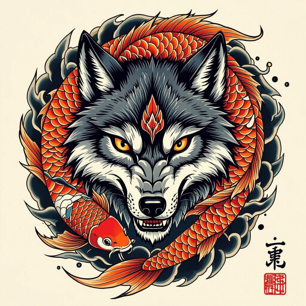 Wolf and Dragon Koi in Japanese Tattoo Style