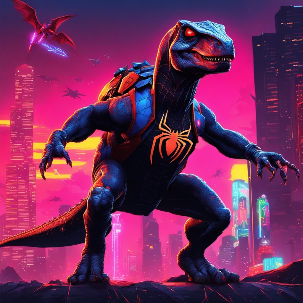 Dinosaur Spiderman in Cyberpunk Metropolis