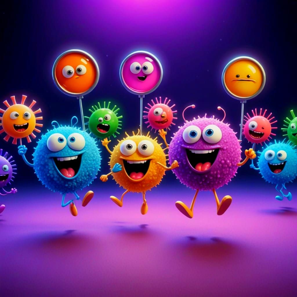 Cute Bacteria Characters Dancing in Vibrant Cartoon Style