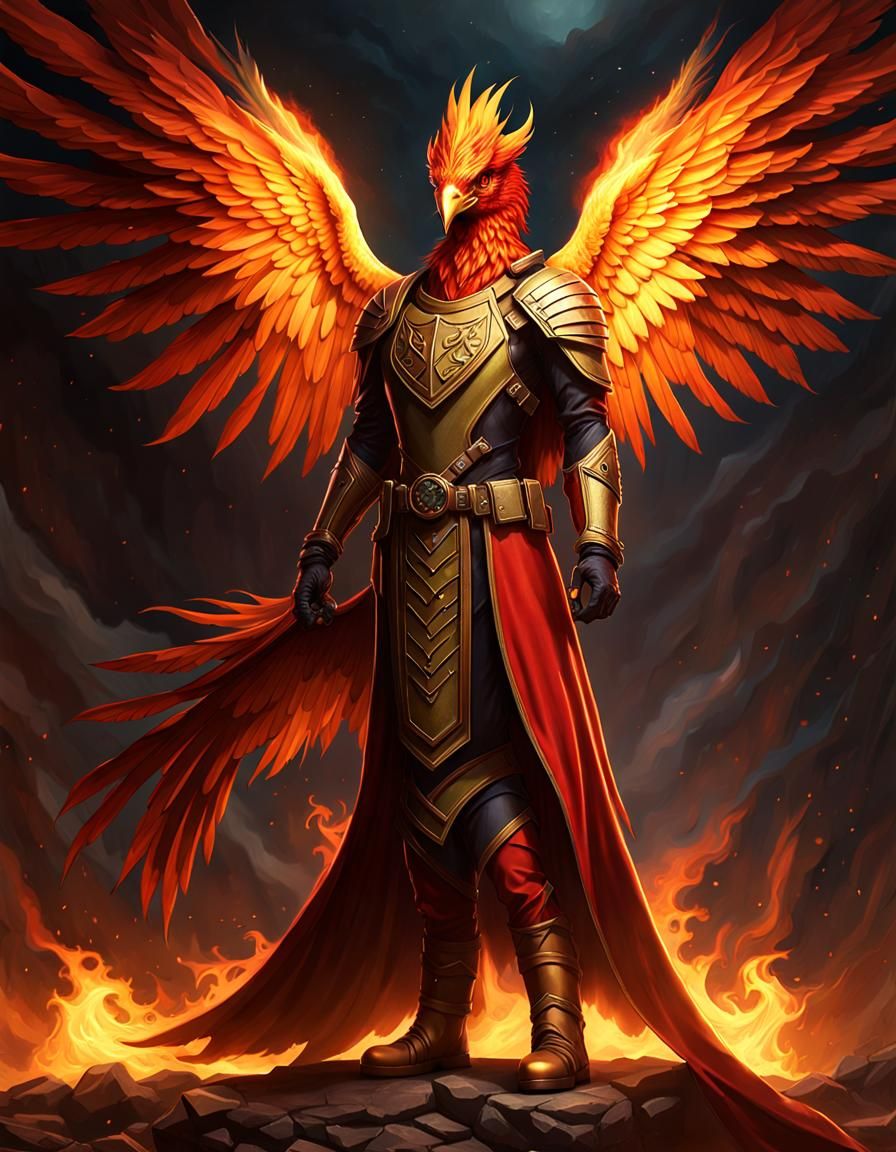 Fiery Phoenix Person Contemplates Revenge in Dark Fantasy St...