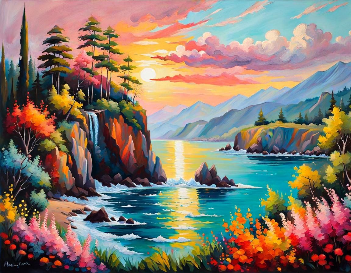 Seascape with Lighthouse in Impressionist Gouache Style