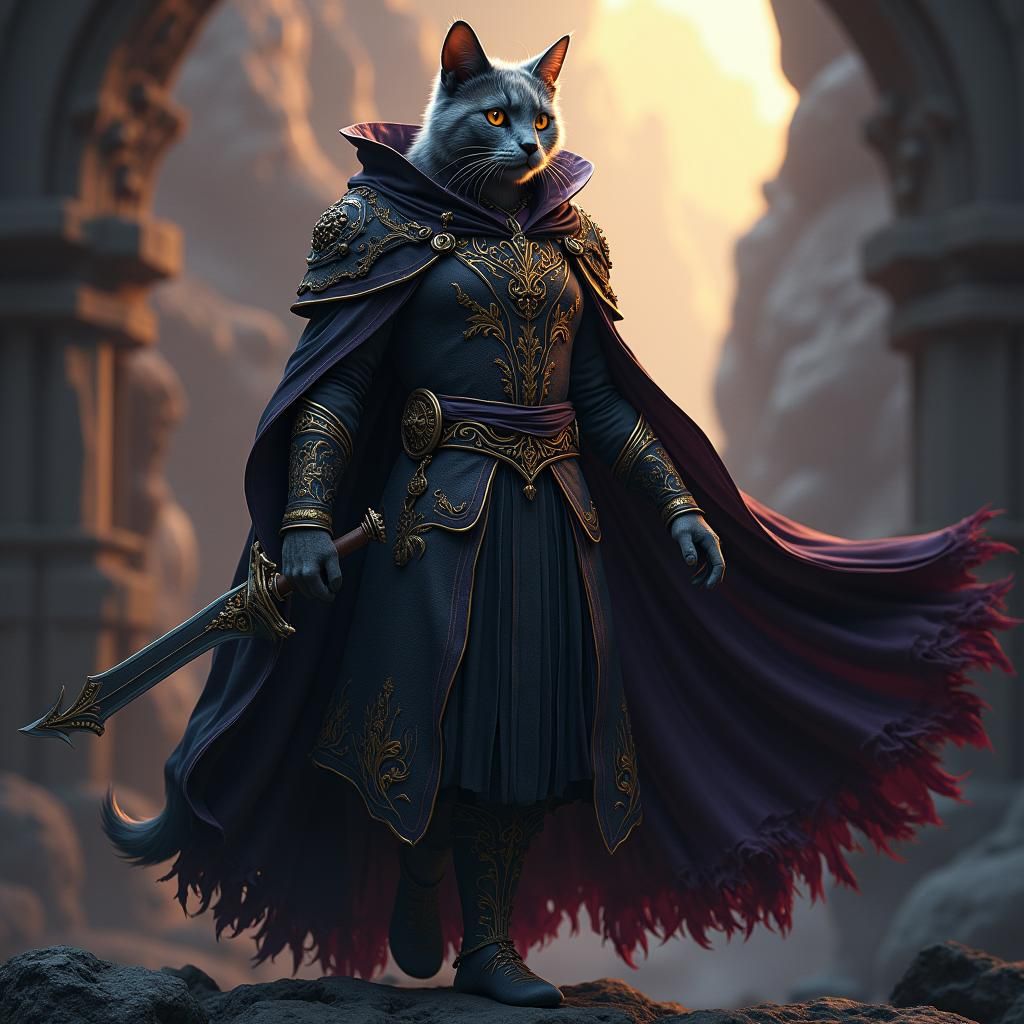 Cat Hero in Dark Fantasy Landscape