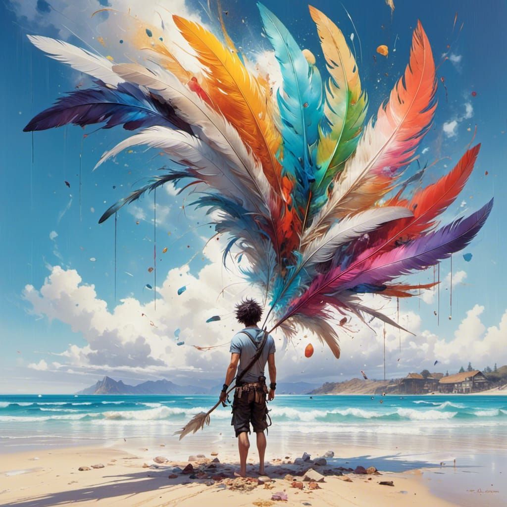 Rainbow Feathers on the Beach in Hyperrealism Style