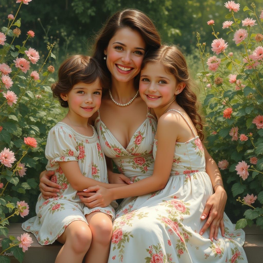 Elegant European Mother in Lush Garden with Children