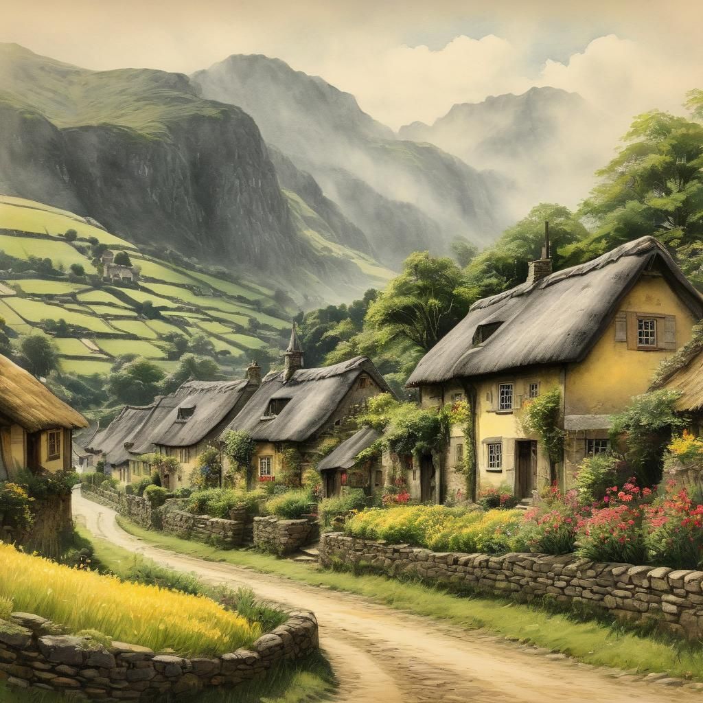 Charming Village in Lush Valley: Pencil Sketch