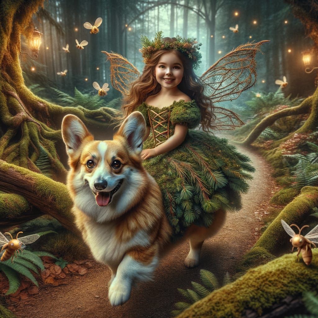Faerie Queen Rides Corgi Through Magical Forest