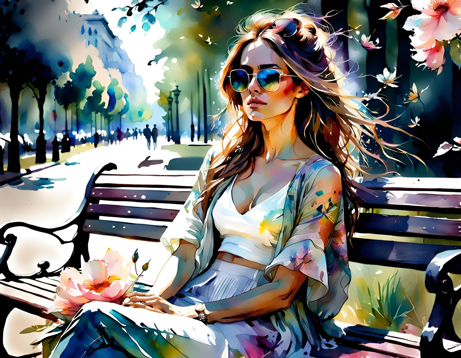 Ethereal Watercolor Wallpaper: Woman Waiting in Park