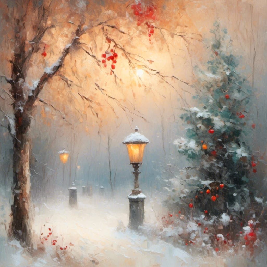 Impressionist Winter Park Scene with Lantern