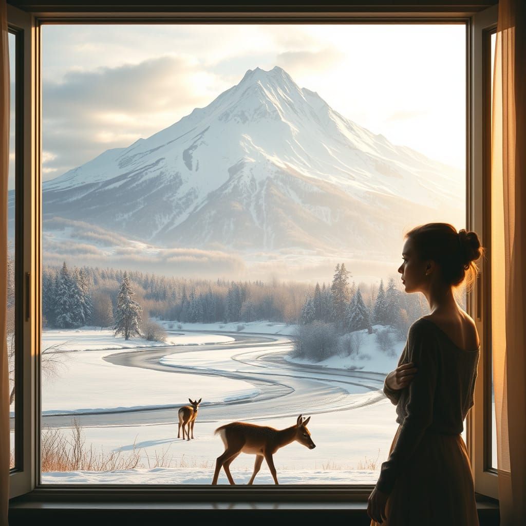 Winter Wonderland Landscape with Majestic Mountain and Seren...