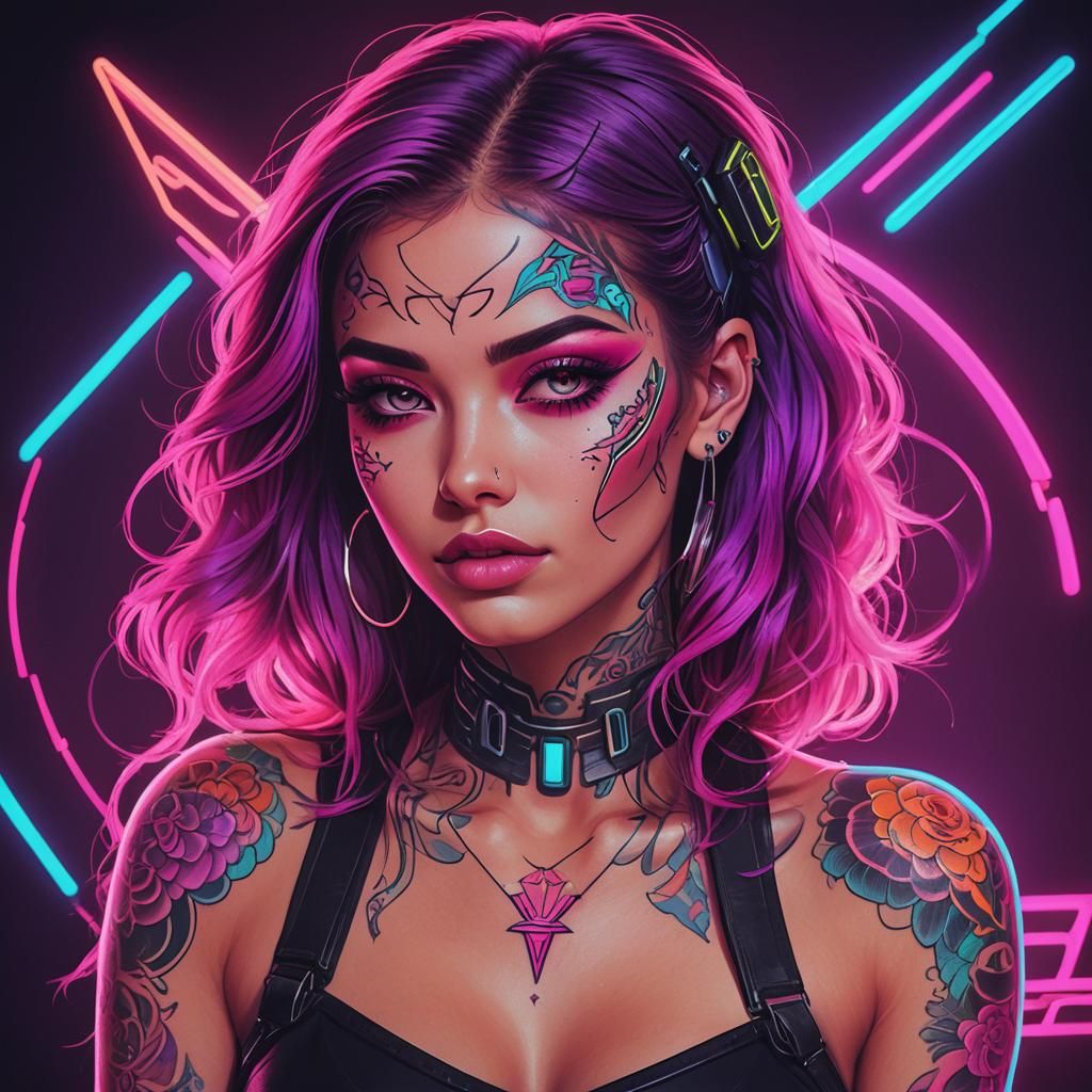 Girl with Synthwave Neon Tattoos: Retro Art
