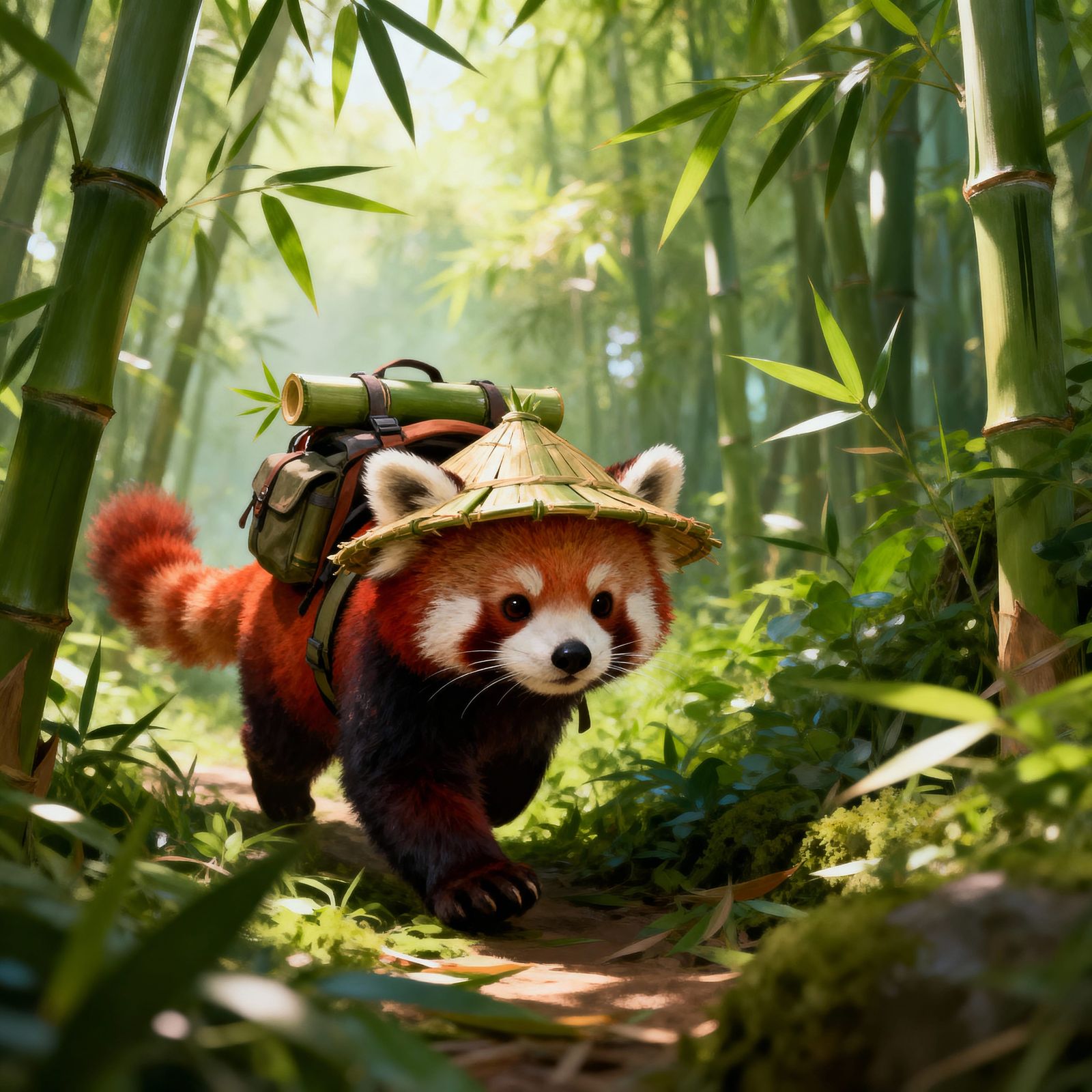 Playful Red Panda Explorer in Bamboo Jungle