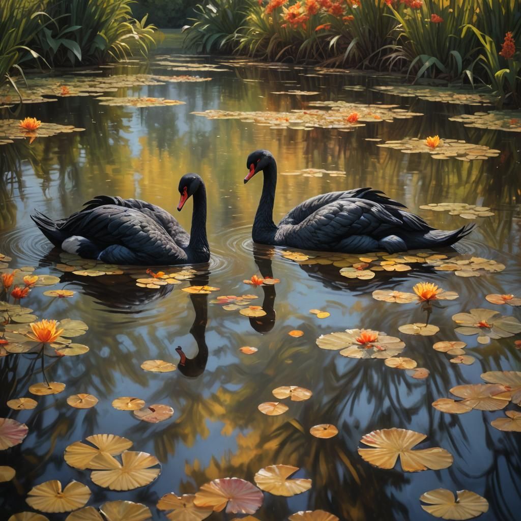 Black Swans Glide on Pond in Splash Art Style