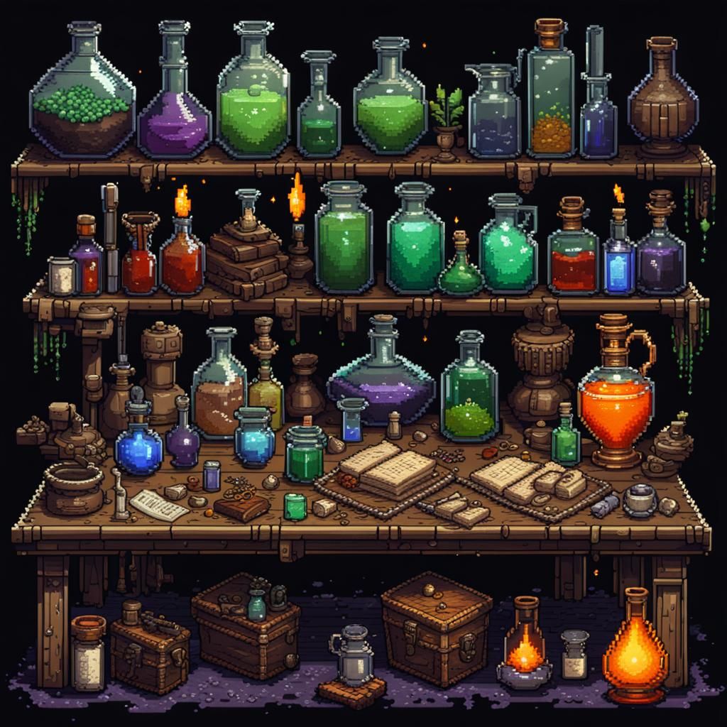 Intricate 8-bit Pixel Art of Potions and Artifacts