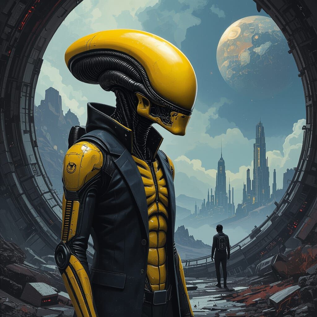 Yellow Alien Xenomorph Explores Mysterious Planet