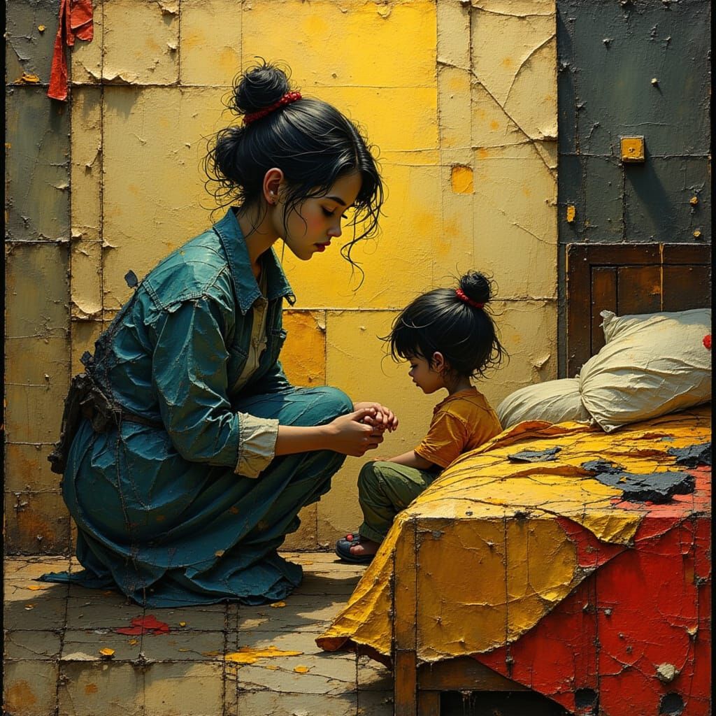 Comforting Mother and Child in Textured Impasto Style