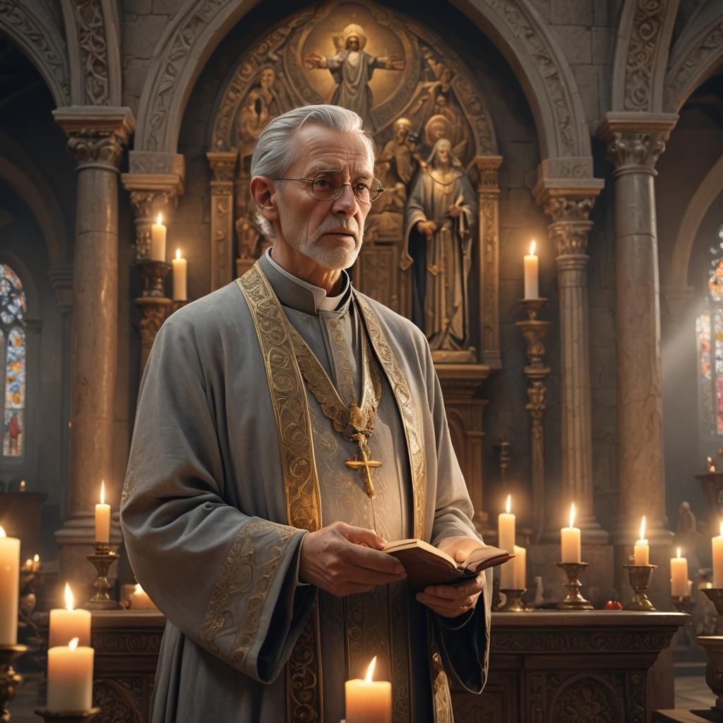 Ageing Priest Preaching in Candlelit Church: Digital Paintin...