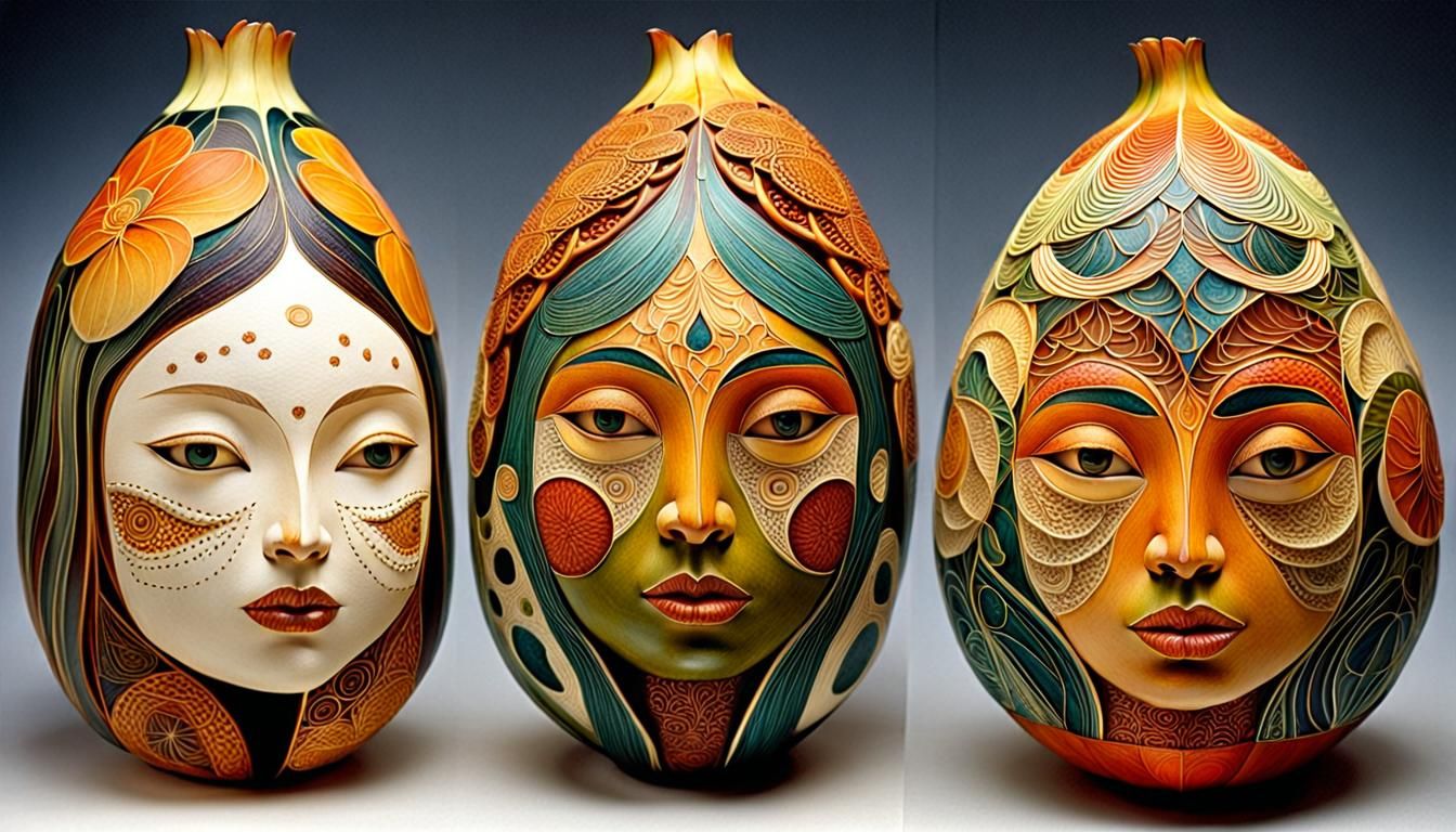 Fantasy Gourd Art with Carved Female Faces