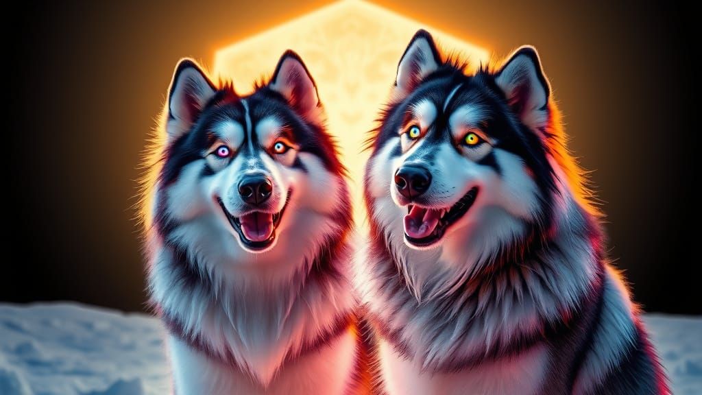 Vibrant Malamutes with Glowing Eyes in Neon Style