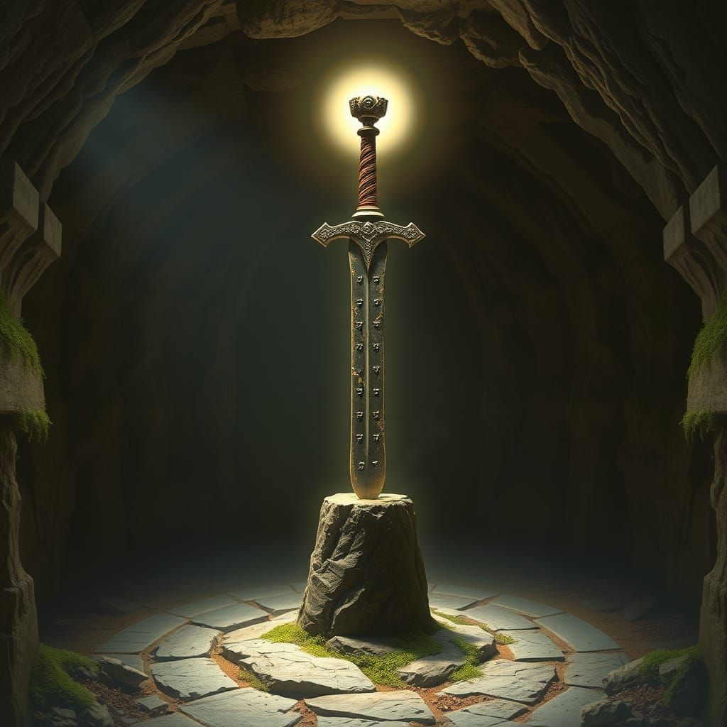 Ancient Earth Sword in Mysterious Underground Chamber