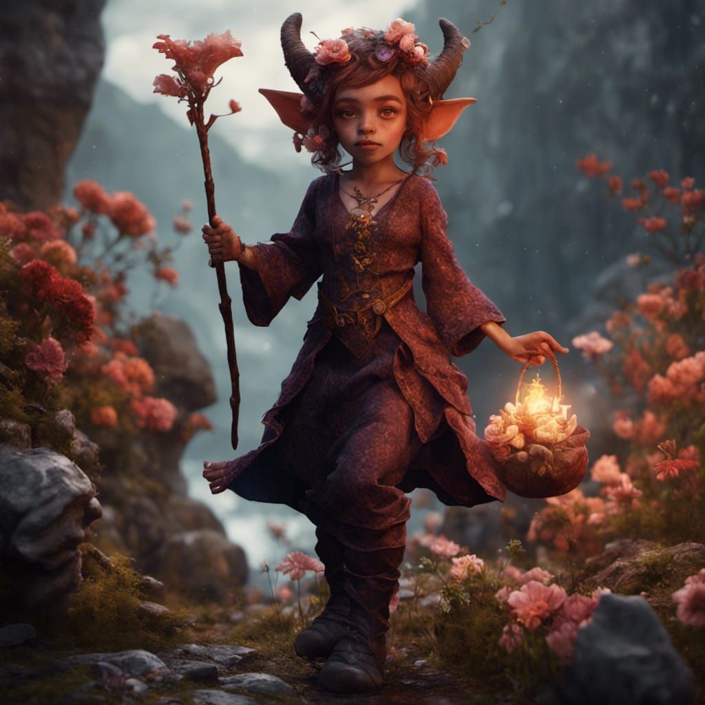 Halfling Tiefling Witch in Detailed Fantasy Art