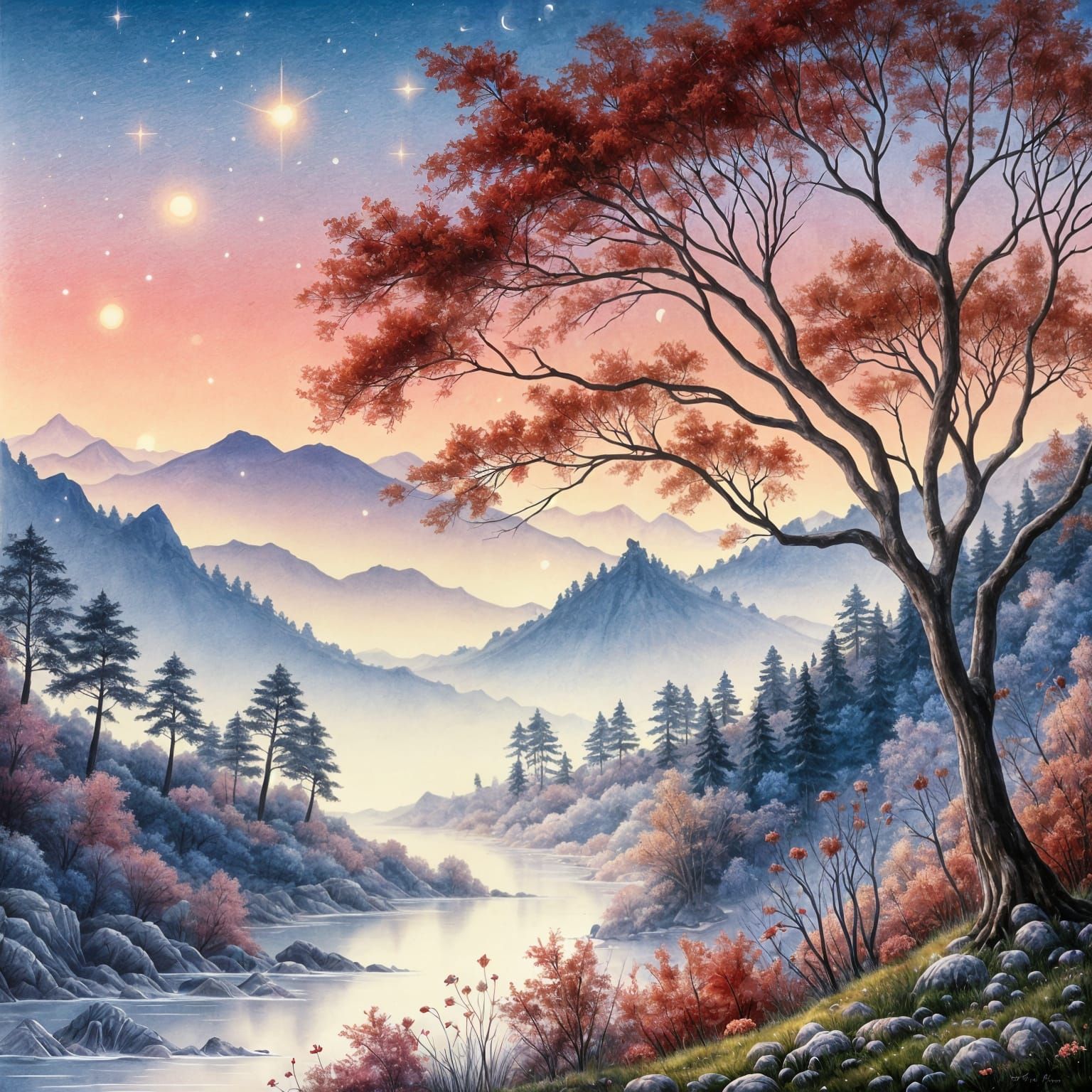 Surreal Landscape in Watercolor, Inspired by Kaoru Yamada's ...