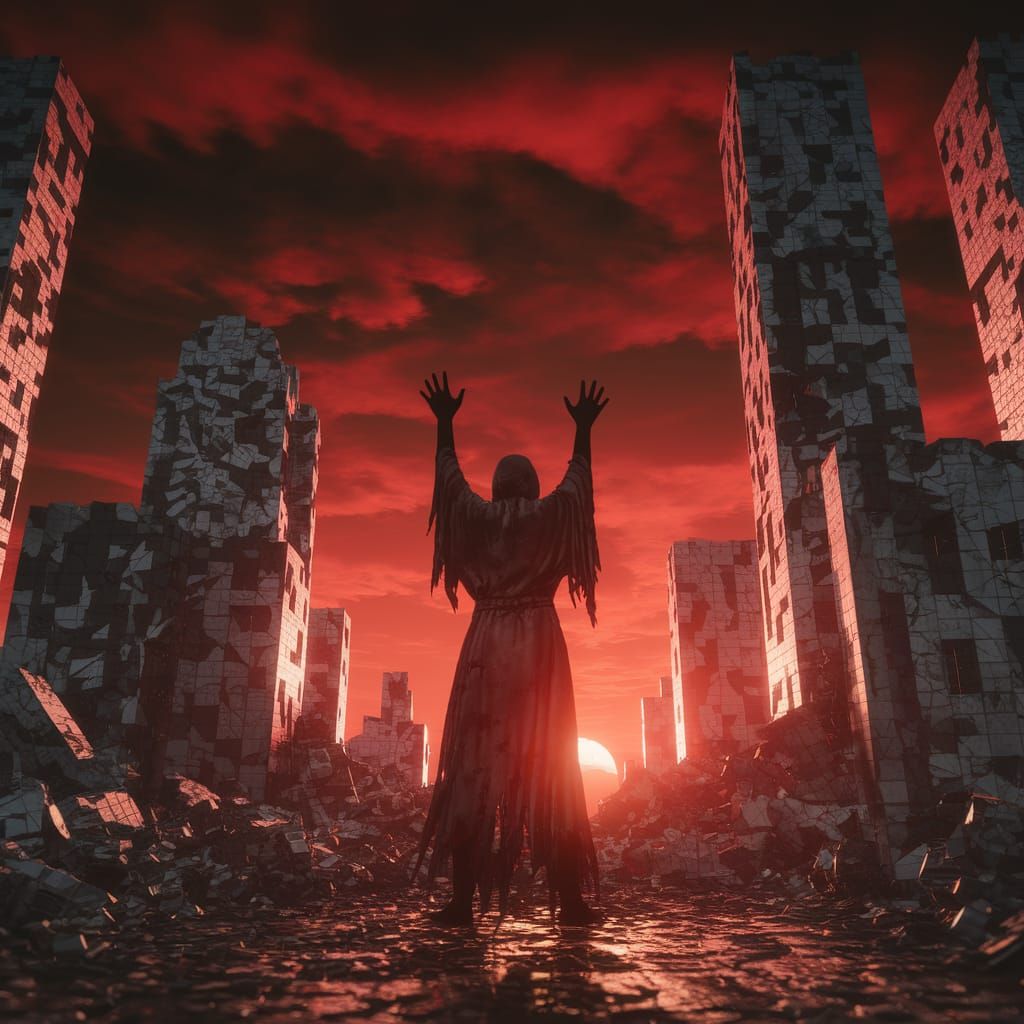 Apocalyptic Figure in Ruined Cityscape