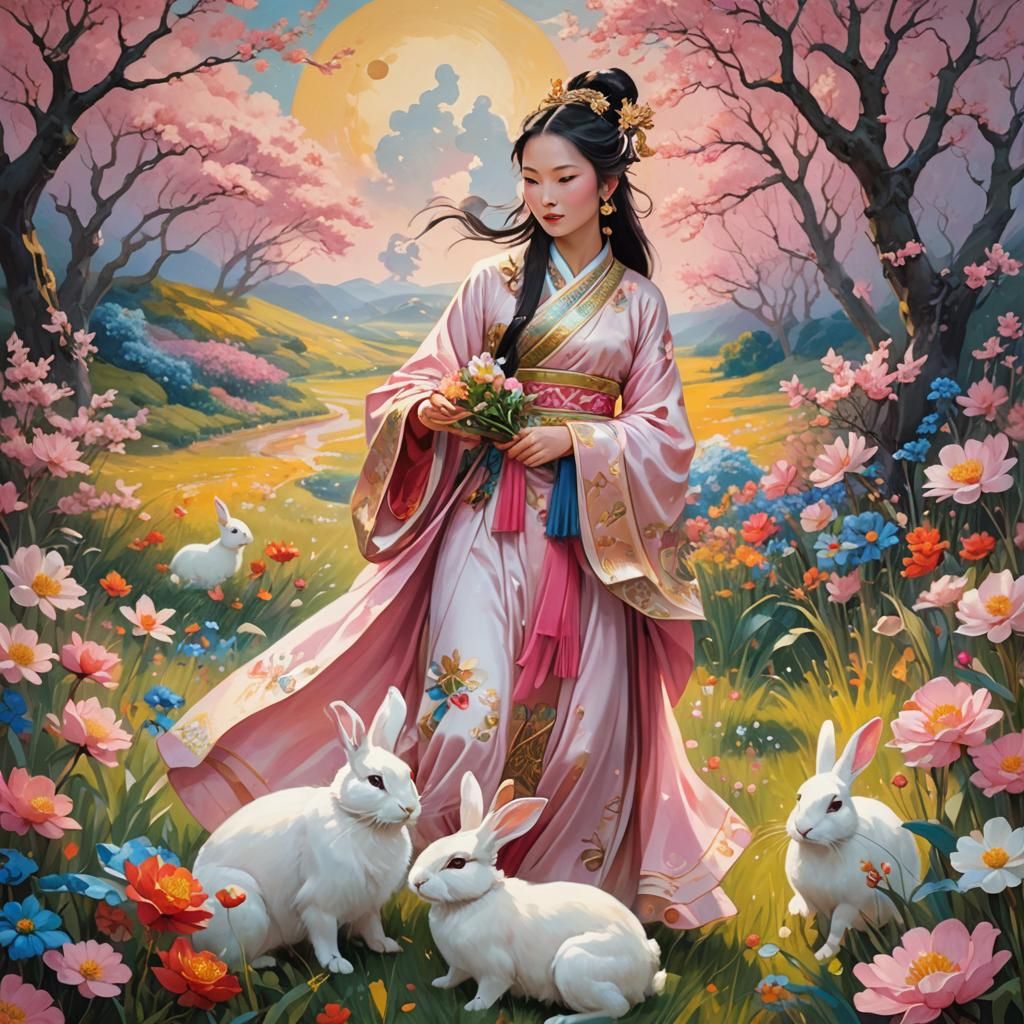Chinese Goddess With Rabbit in Vibrant Flower Field