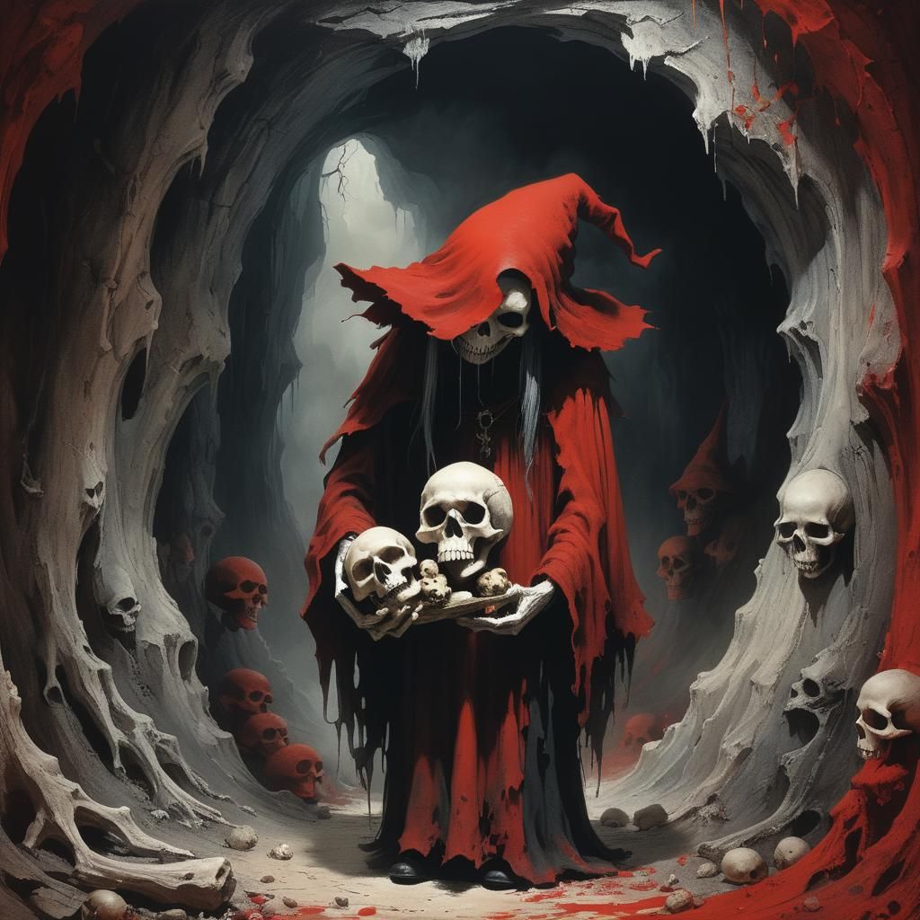 Faceless Witch in Cave with Skull