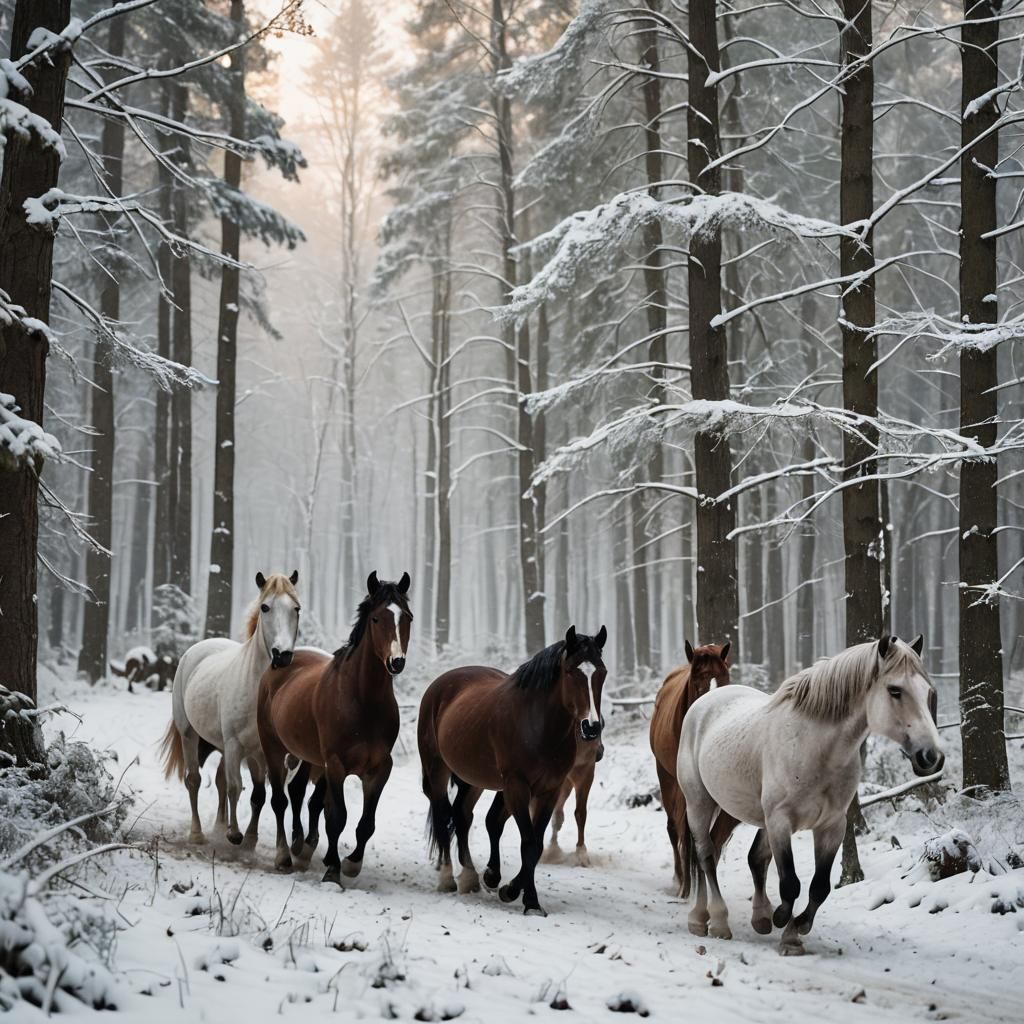 Horses Run Through Snowy Winter Forest: DSLR Photography