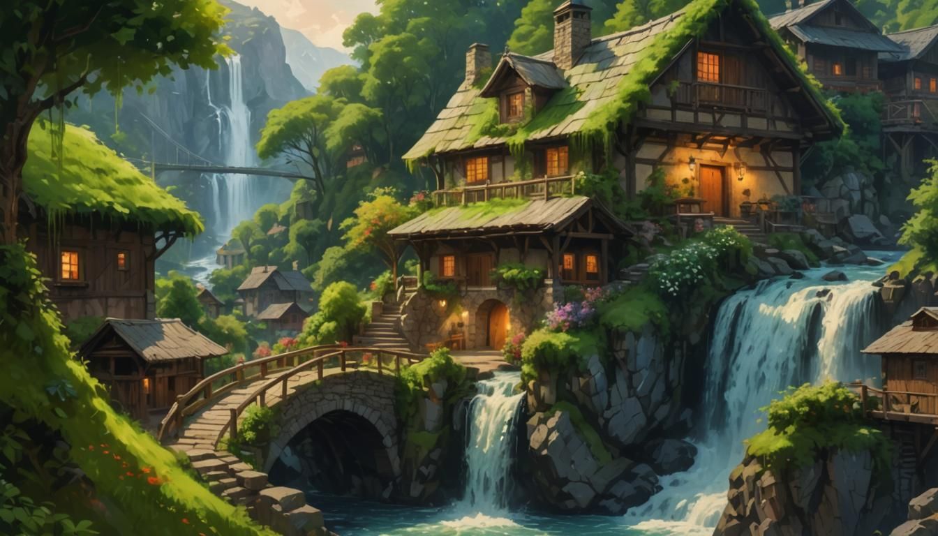 Idyllic Mountain Village Painting in Warm Colors