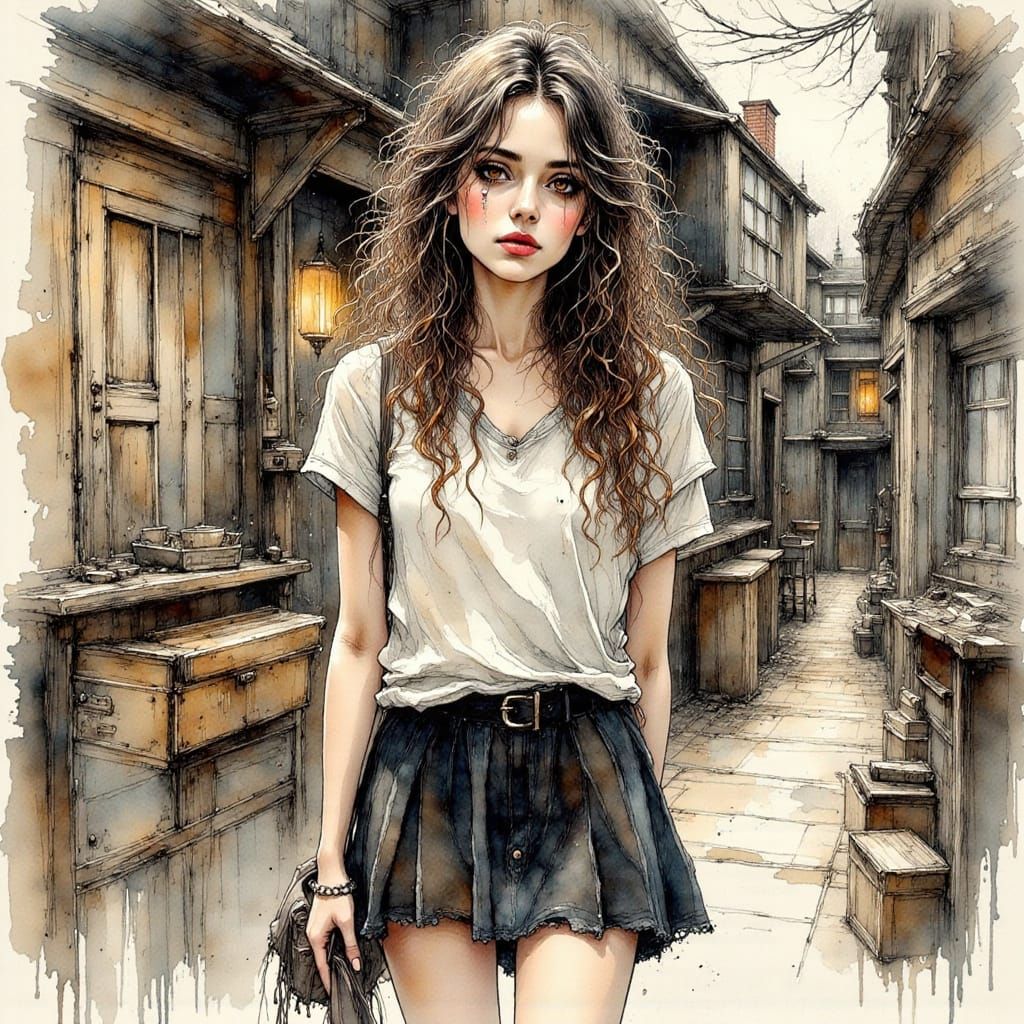 College Student's Tearful Departure: Ink Illustration