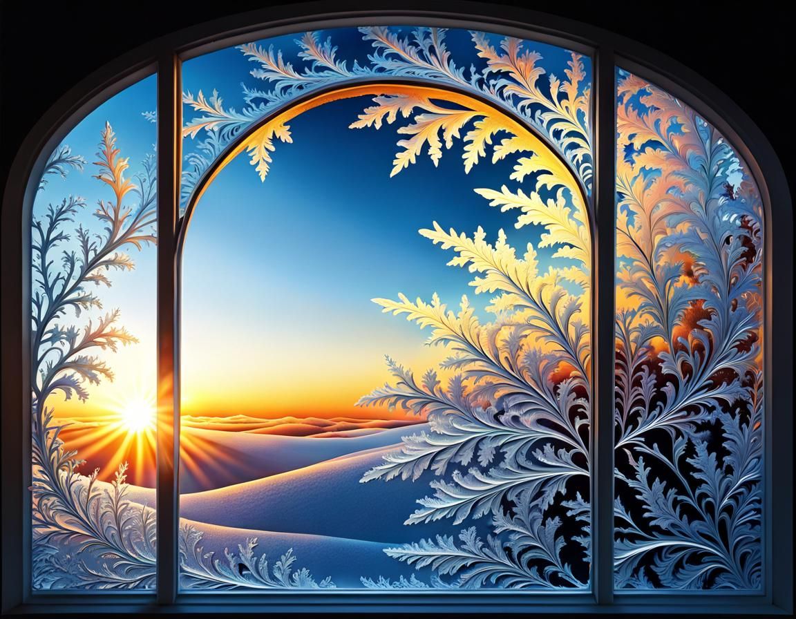 Fractal Frost Patterns at Sunrise on Window