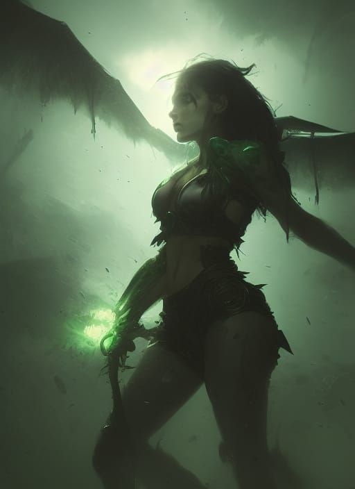 Green-Eyed Daemon Girl in Dark Fantasy Style
