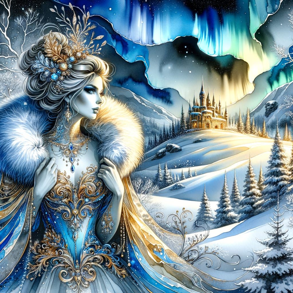 Golden Winter Goddess Amidst Ice Castle and Northern Lights