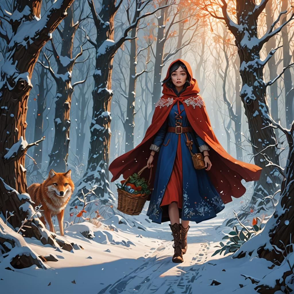Little Red Riding Hood in Snowy Forest, Whimsical Art