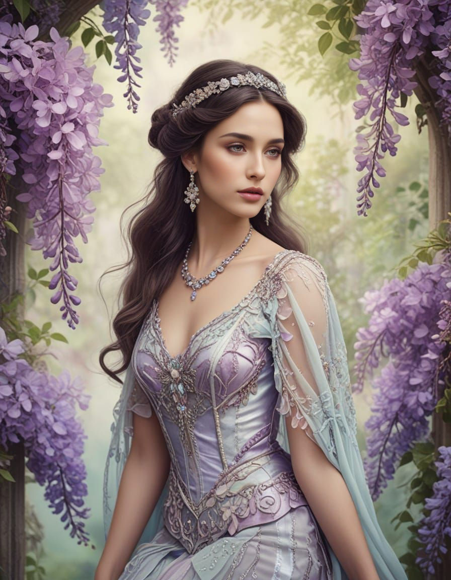 Elegant Eduardian Princess in Wisteria Garden
