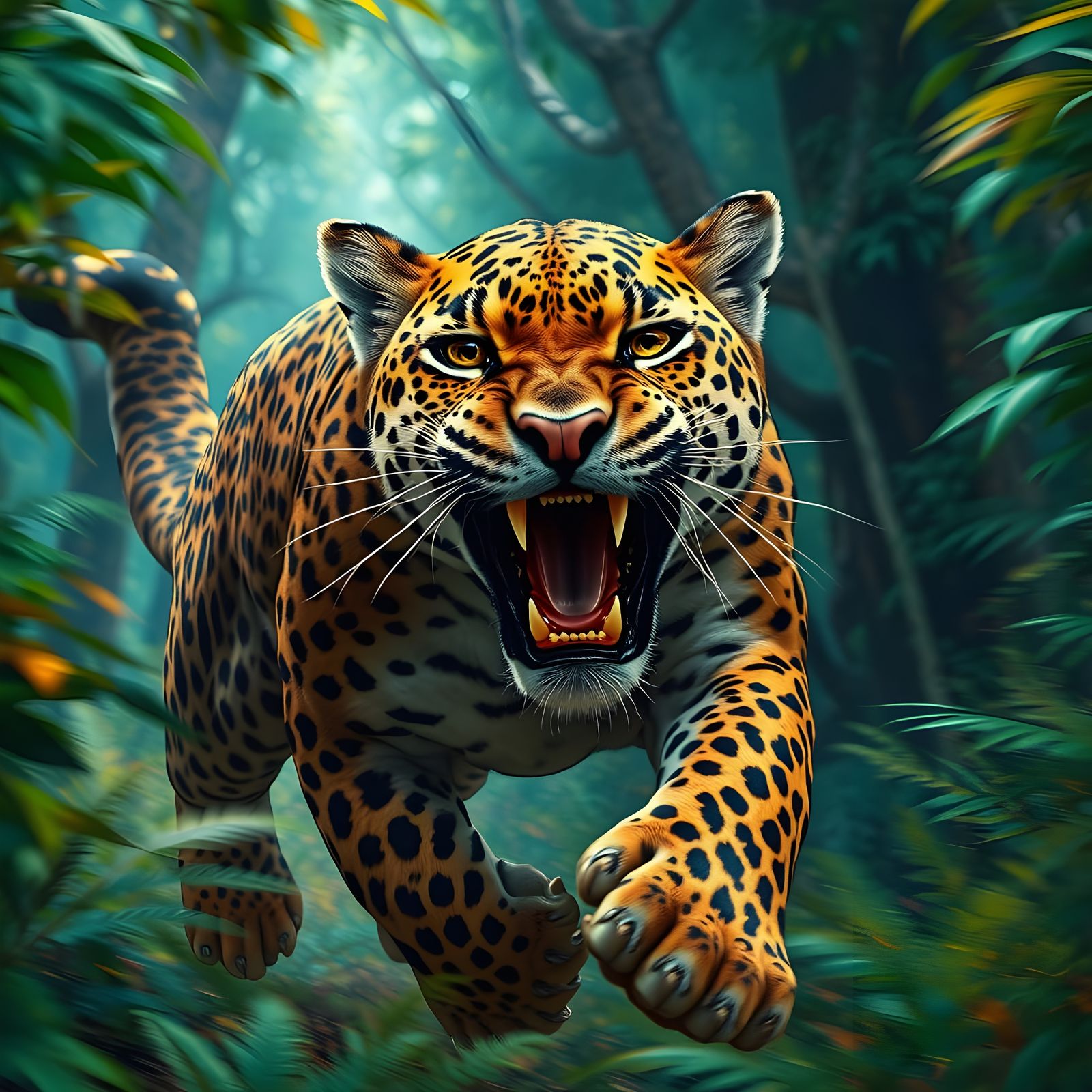 Surreal Leopard in Mid-Roar as It Runs Through the Forest in...
