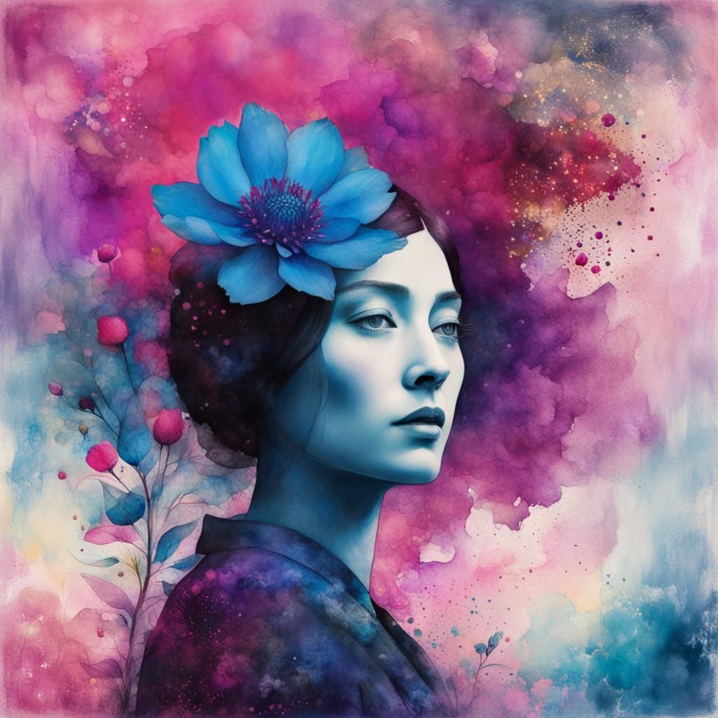 Woman and Blue Flower in Watercolor Double Exposure