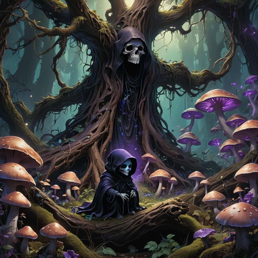 Baby Reaper in Mystical Forest: Dark Fantasy Art