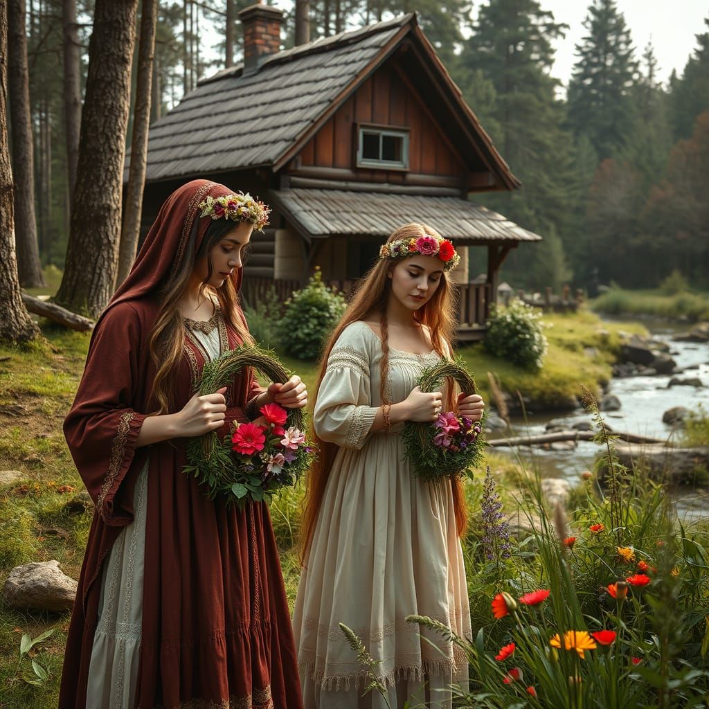 Slavic Goddesses Weave Floral Crowns in Enchanted Forest
