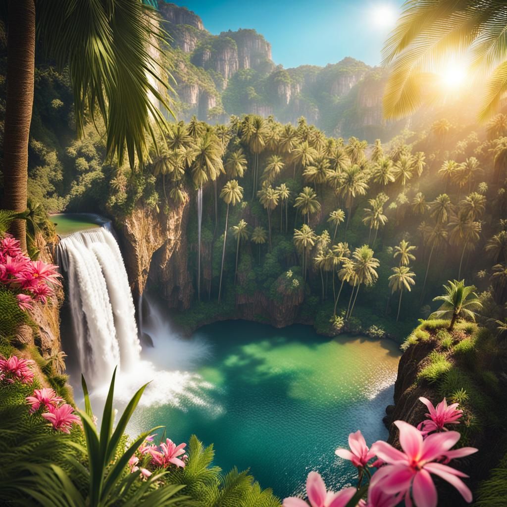 Waterfall Oasis with Palm Trees in Natural Light